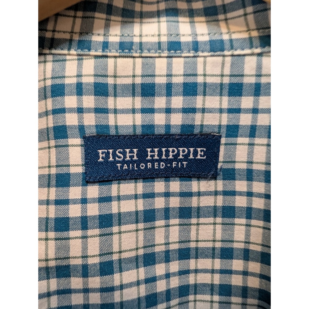 Fish Hippie Mens Small Tailored Fit Plaid Button Down Shirt Blue Green Cotton